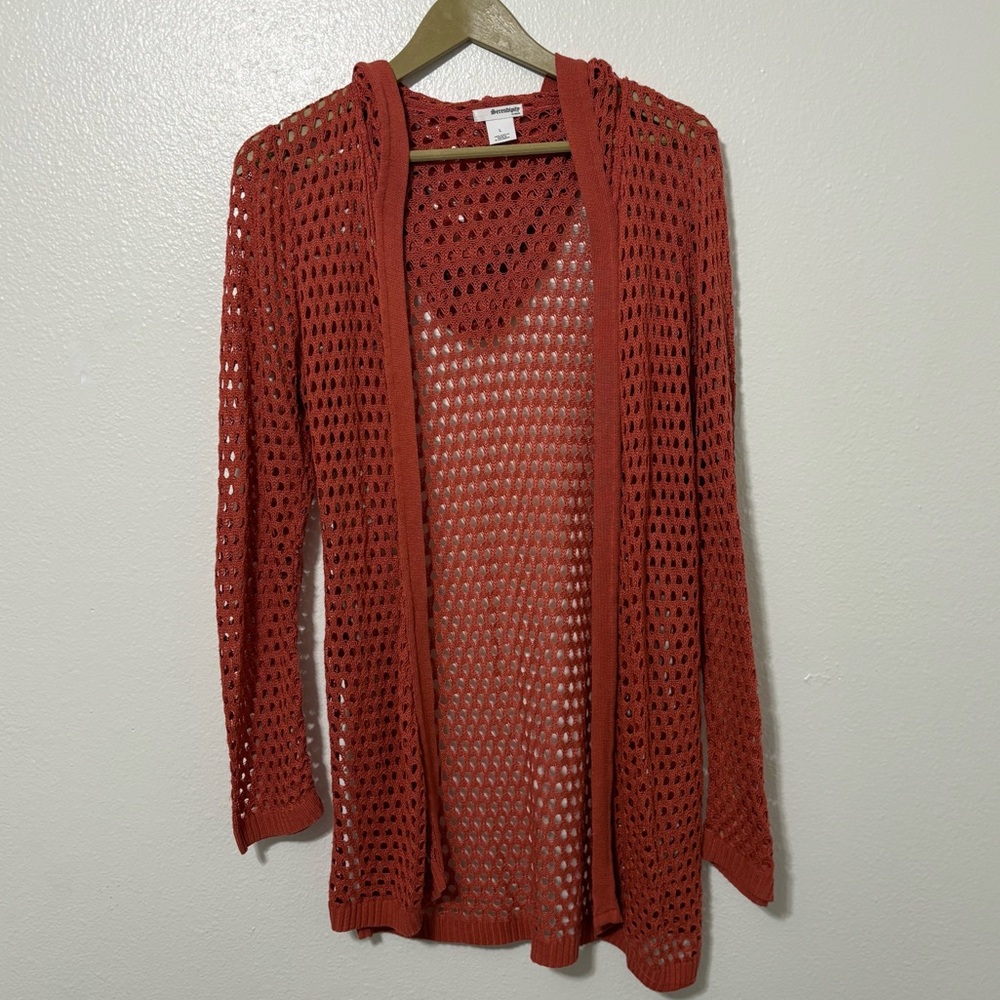 Serendipity Size Large Rustic Orange Crochet Open Knit Hooded Cardigan Boho